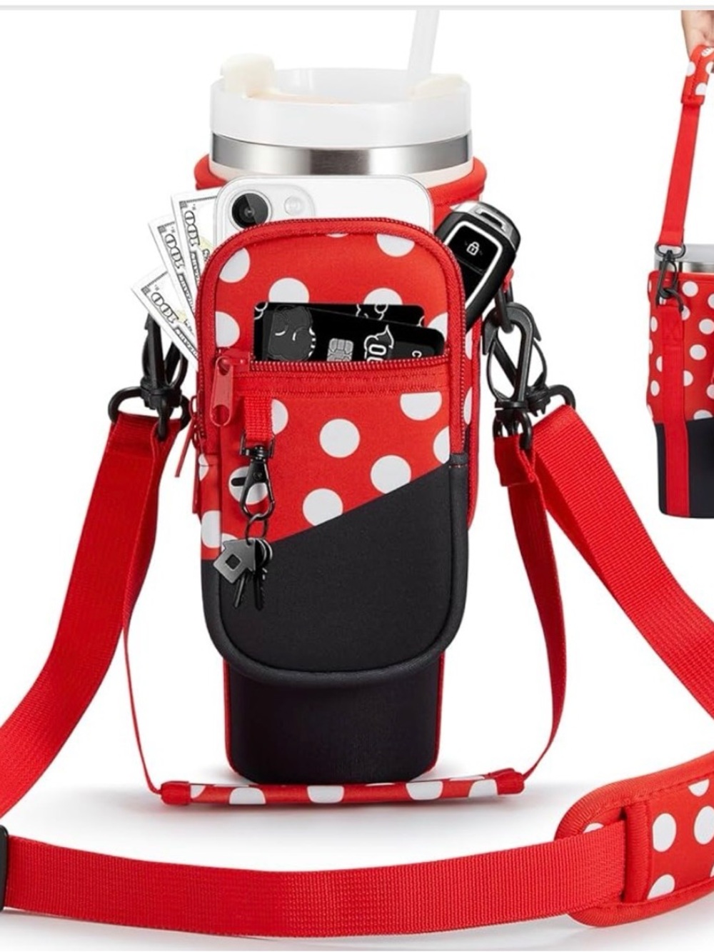 Polka Dot Red Water Bottle Carrier Bag with Phone Pocket for Stanley 30 oz